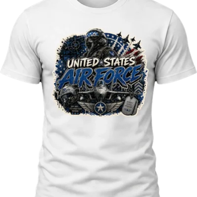 United States Air Force Shirt design with fighter pilot, multiple jets, radar graphics, American flag elements, flight helmet, dog tags, wings, and blue lettering.