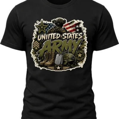 United States Army Shirt design with tactical soldier, American flag, Army star, boots, helmet, dog tags, rank chevrons, and olive lettering.