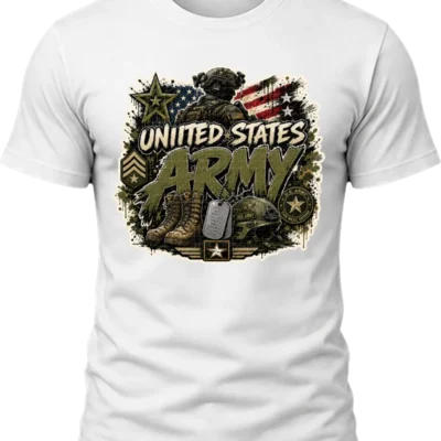 United States Army Shirt design with tactical soldier, American flag, Army star, boots, helmet, dog tags, rank chevrons, and olive lettering.