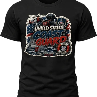 United States Coast Guard Shirt design with rescue helicopter, Coast Guard member, cutter ship, life ring, ocean waves, American flag, crest, and Semper Paratus banner.