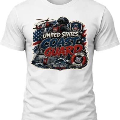 United States Coast Guard Shirt design with rescue helicopter, Coast Guard member, cutter ship, life ring, ocean waves, American flag, crest, and Semper Paratus banner.