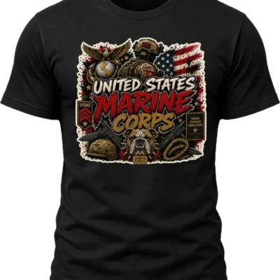 United States Marine Corps Shirt design with tactical Marine, eagle, globe and anchor, bulldog, American flag, helmet, rope, rifles, and Semper Fidelis tag.