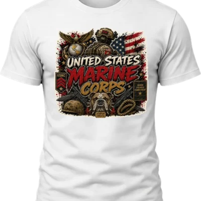 United States Marine Corps Shirt design with tactical Marine, eagle, globe and anchor, bulldog, American flag, helmet, rope, rifles, and Semper Fidelis tag.