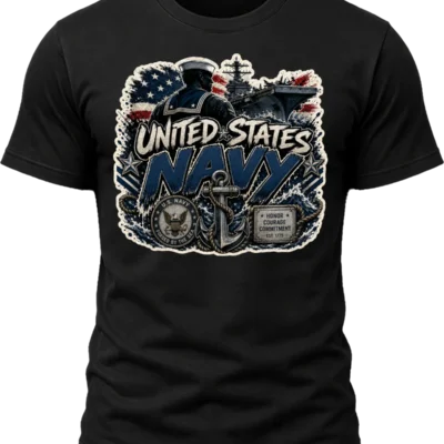United States Navy Shirt design with sailor, aircraft carrier, anchor wrapped in rope, ocean waves, Navy emblem, American flag, stars, and blue lettering.