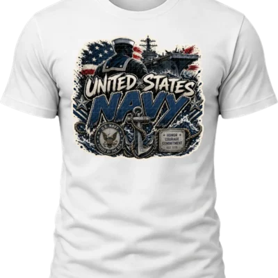 United States Navy Shirt design with sailor, aircraft carrier, anchor wrapped in rope, ocean waves, Navy emblem, American flag, stars, and blue lettering.