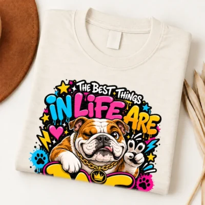 bulldog pride shirt artwork with a winking brown-and-white bulldog, peace-sign paw, crown medallion, neon text, stars, hearts, and paw prints.