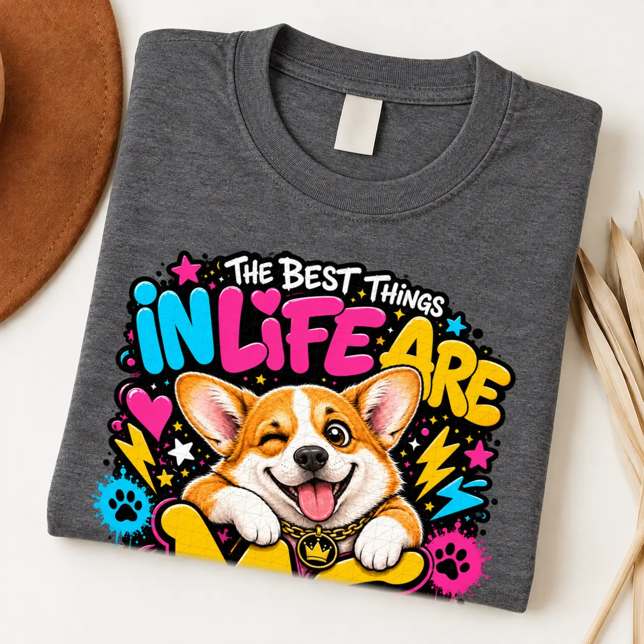 corgi pride shirt artwork with a winking orange-and-white corgi, tongue out, crown medallion, neon lettering, hearts, lightning bolts, and paw prints.