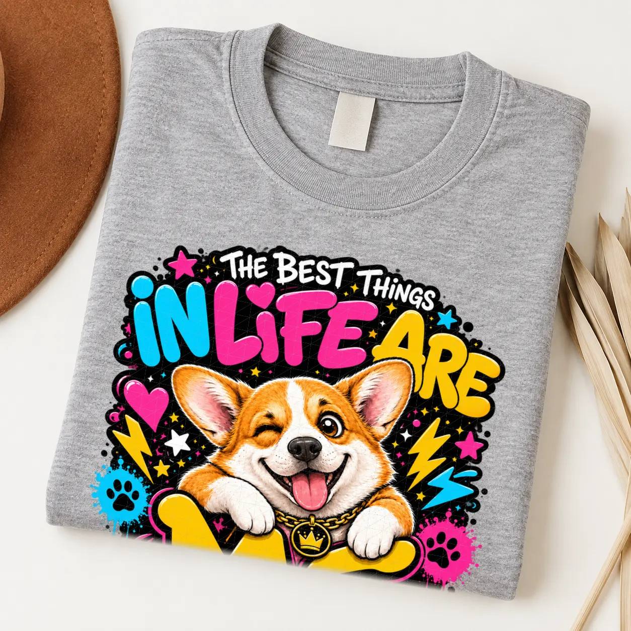 corgi pride shirt artwork with a winking orange-and-white corgi, tongue out, crown medallion, neon lettering, hearts, lightning bolts, and paw prints.
