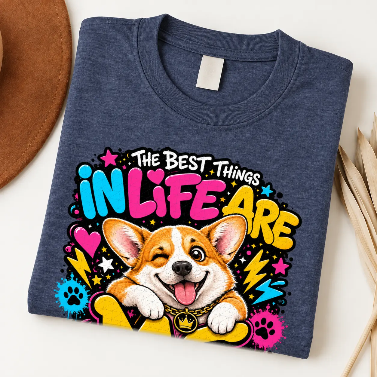 corgi pride shirt artwork with a winking orange-and-white corgi, tongue out, crown medallion, neon lettering, hearts, lightning bolts, and paw prints.