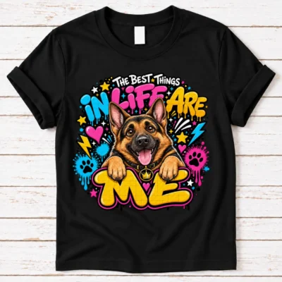 German Shepherd pride shirt artwork with a smiling black-and-tan shepherd, tongue out, crown medallion, neon graffiti lettering, paw prints, and bolts.