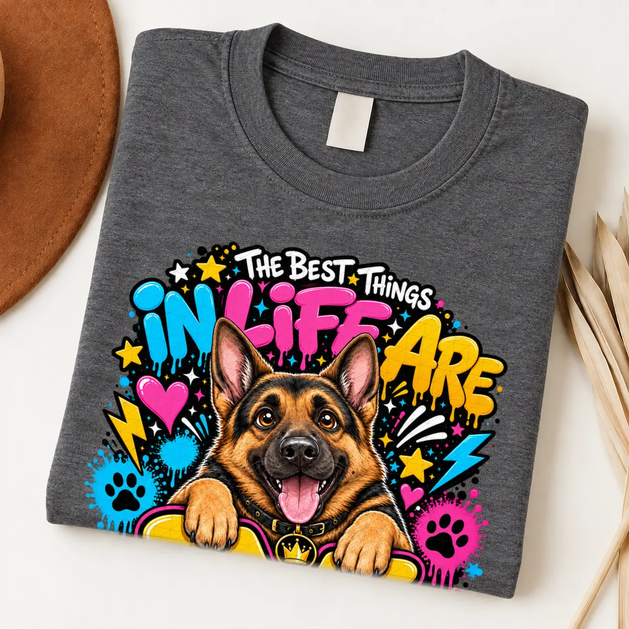 German Shepherd pride shirt artwork with a smiling black-and-tan shepherd, tongue out, crown medallion, neon graffiti lettering, paw prints, and bolts.