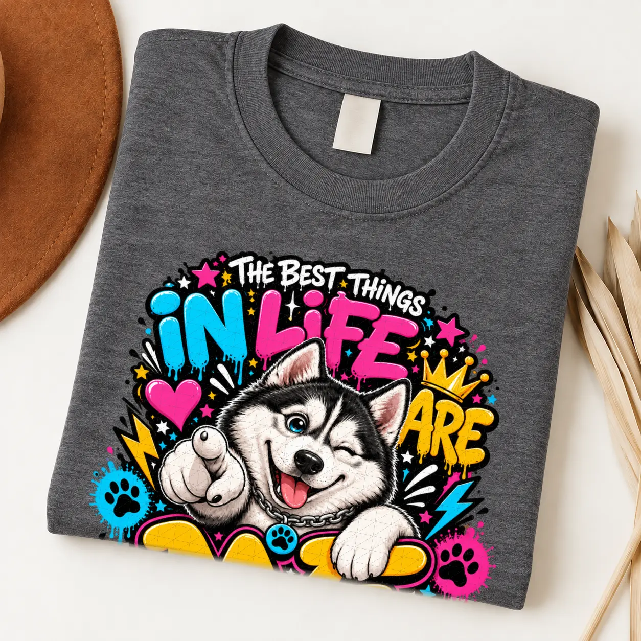 Husky pride shirt artwork with a winking black-and-white Husky, pointing paw, blue eye, crown medallion, neon lettering, bolts, hearts, and paw prints.