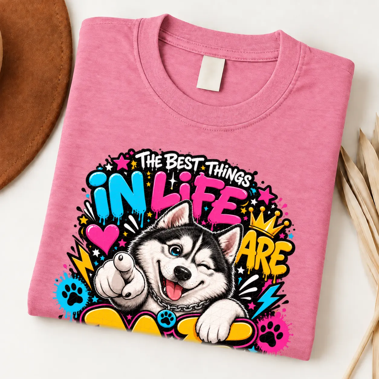 Husky pride shirt artwork with a winking black-and-white Husky, pointing paw, blue eye, crown medallion, neon lettering, bolts, hearts, and paw prints.