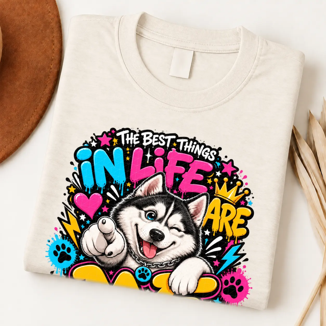 Husky pride shirt artwork with a winking black-and-white Husky, pointing paw, blue eye, crown medallion, neon lettering, bolts, hearts, and paw prints.