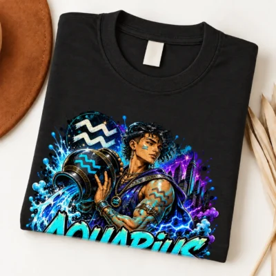 Aquarius Visionary Flow Zodiac Shirt design with water bearer, flowing blue water, Aquarius symbols, purple city lights, and graffiti text