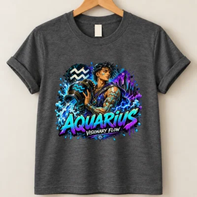 Aquarius Visionary Flow Zodiac Shirt design with water bearer, flowing blue water, Aquarius symbols, purple city lights, and graffiti text
