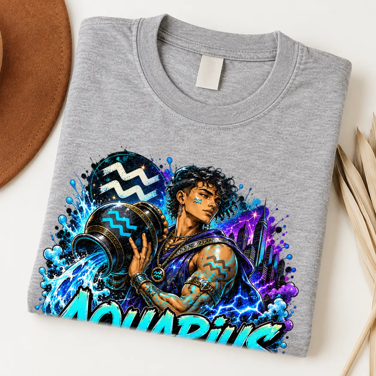 Aquarius Visionary Flow Zodiac Shirt design with water bearer, flowing blue water, Aquarius symbols, purple city lights, and graffiti text