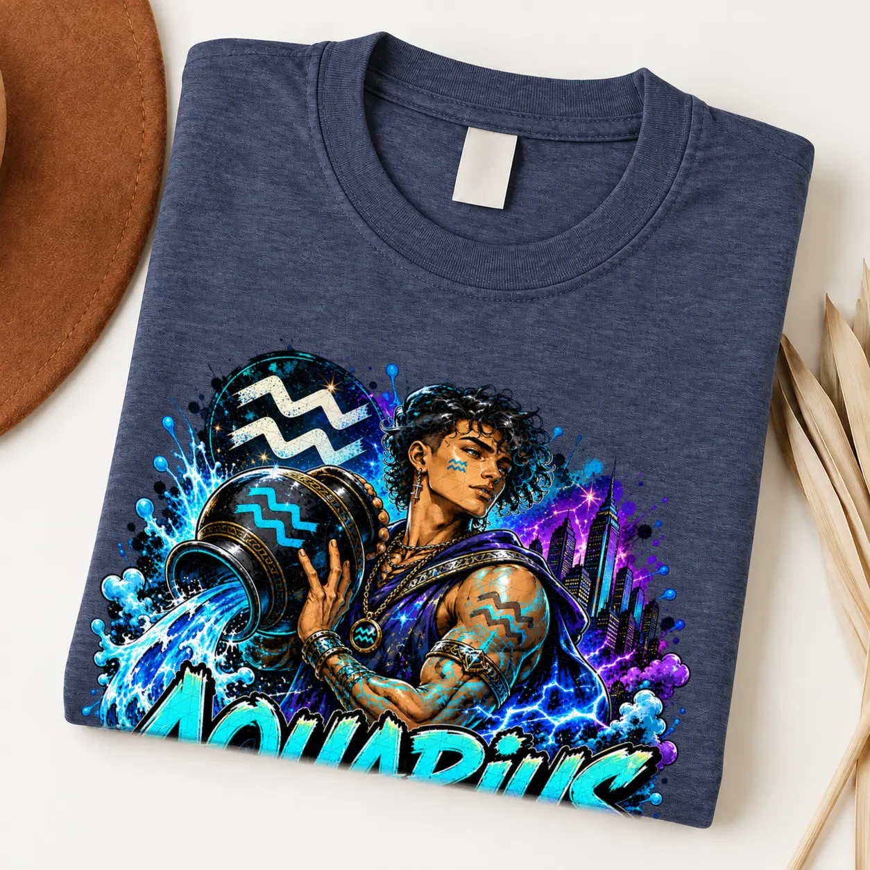 Aquarius Visionary Flow Zodiac Shirt design with water bearer, flowing blue water, Aquarius symbols, purple city lights, and graffiti text