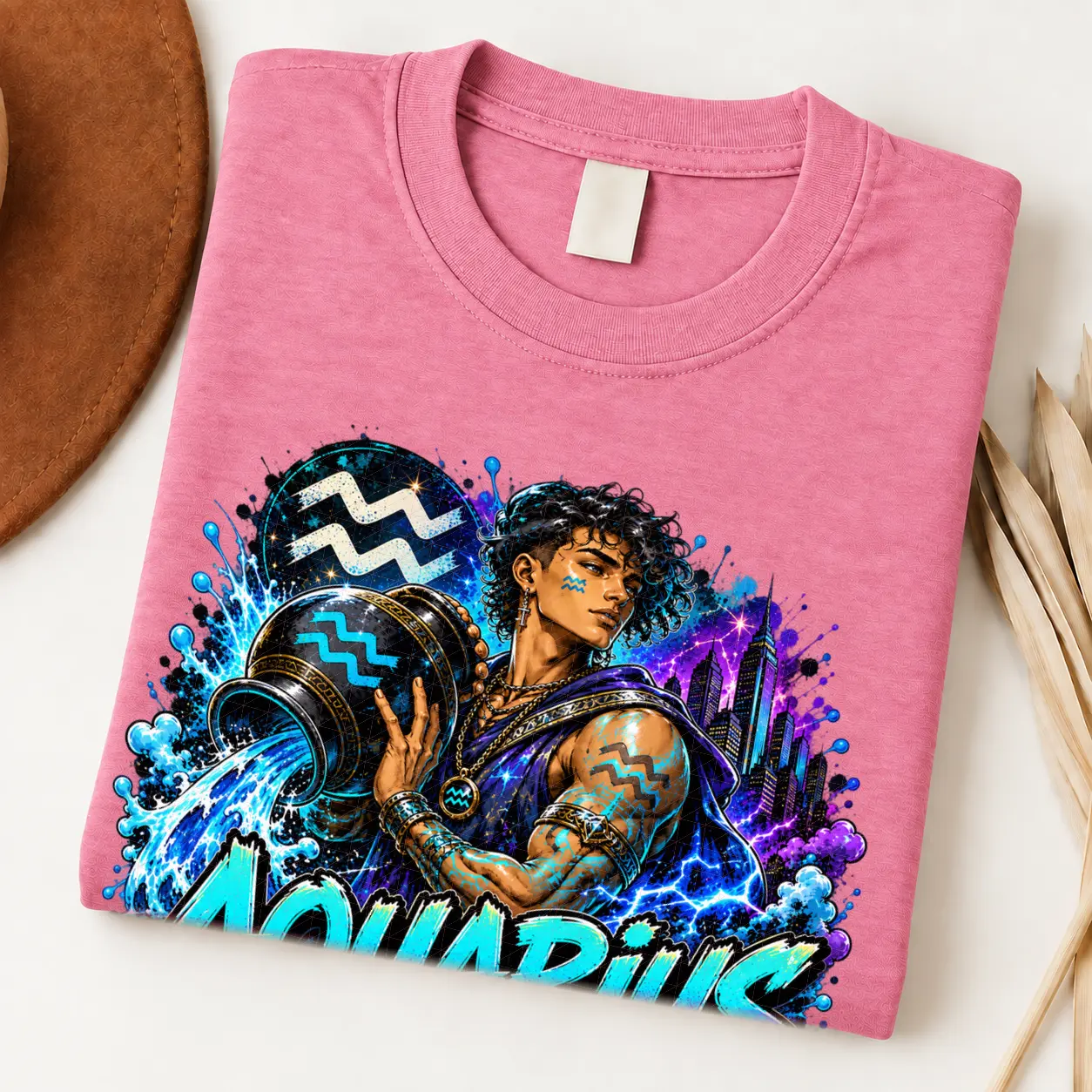 Aquarius Visionary Flow Zodiac Shirt design with water bearer, flowing blue water, Aquarius symbols, purple city lights, and graffiti text