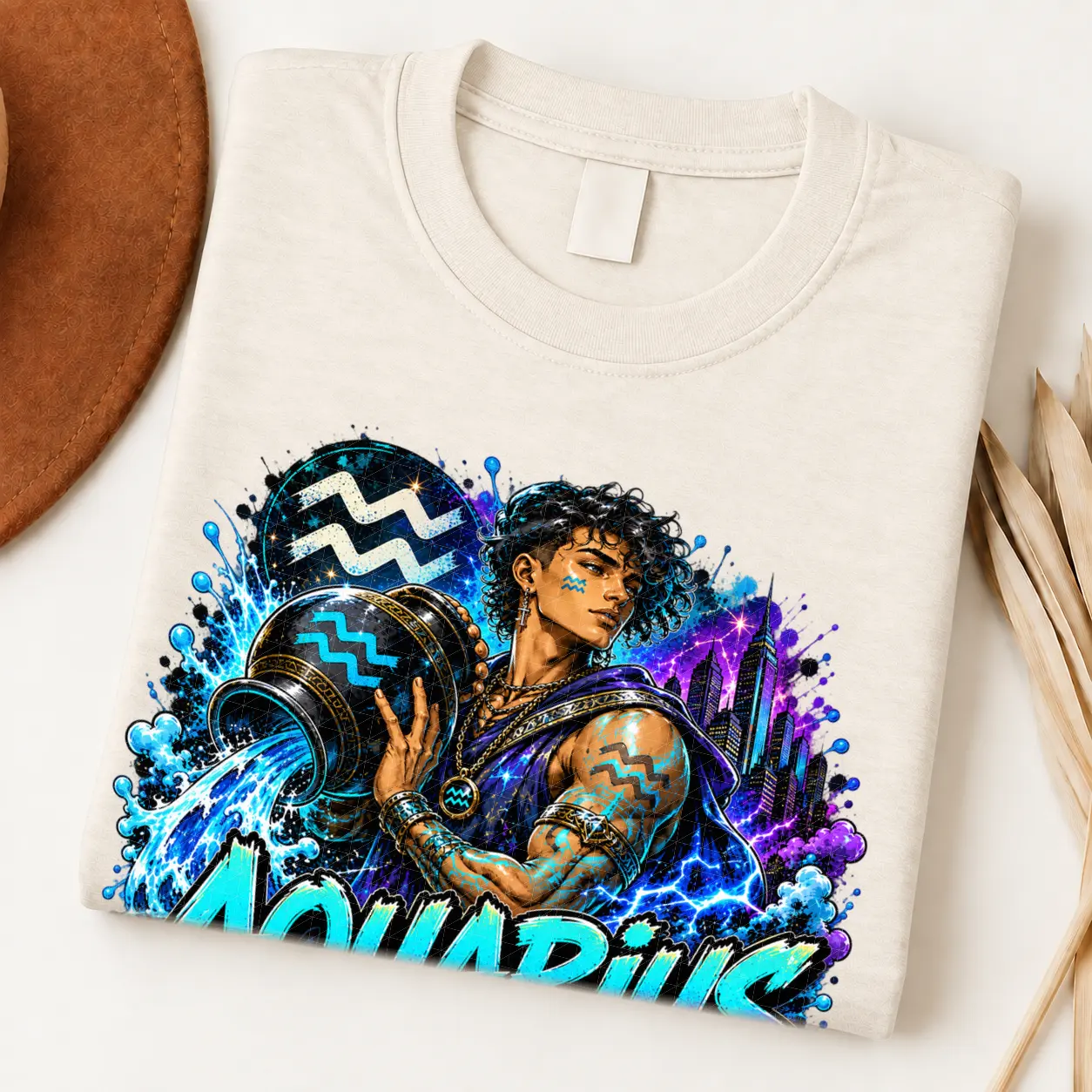 Aquarius Visionary Flow Zodiac Shirt design with water bearer, flowing blue water, Aquarius symbols, purple city lights, and graffiti text