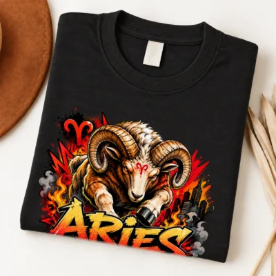 Aries Fearless Fire Zodiac Shirt design with horned ram, red Aries symbols, flames, city details, and red-orange graffiti text