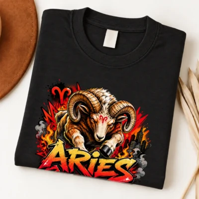 Aries Fearless Fire Zodiac Shirt design with horned ram, red Aries symbols, flames, city details, and red-orange graffiti text