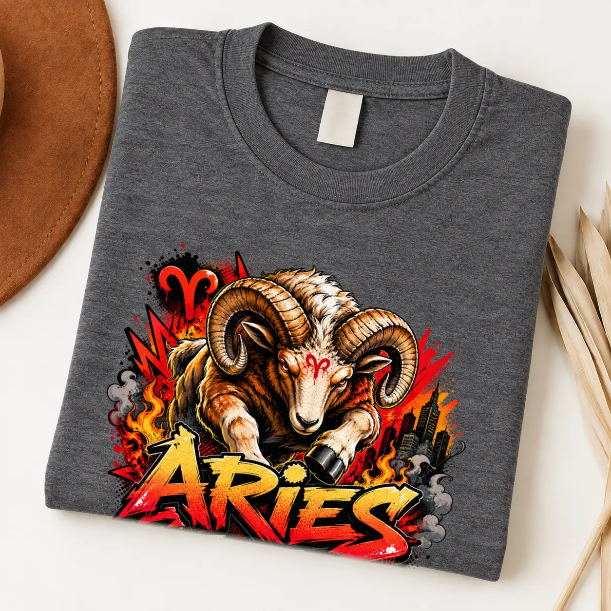 Aries Fearless Fire Zodiac Shirt design with horned ram, red Aries symbols, flames, city details, and red-orange graffiti text