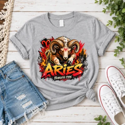 Aries Fearless Fire Zodiac Shirt design with horned ram, red Aries symbols, flames, city details, and red-orange graffiti text