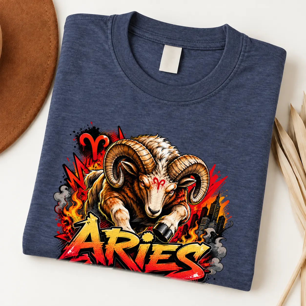 Aries Fearless Fire Zodiac Shirt design with horned ram, red Aries symbols, flames, city details, and red-orange graffiti text