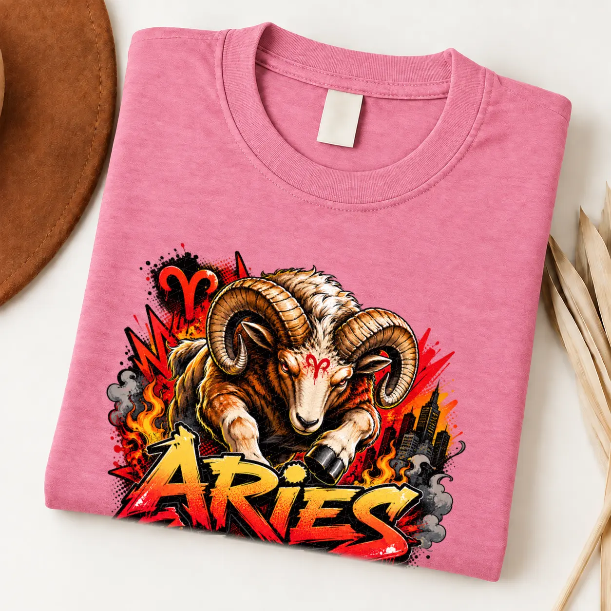Aries Fearless Fire Zodiac Shirt design with horned ram, red Aries symbols, flames, city details, and red-orange graffiti text