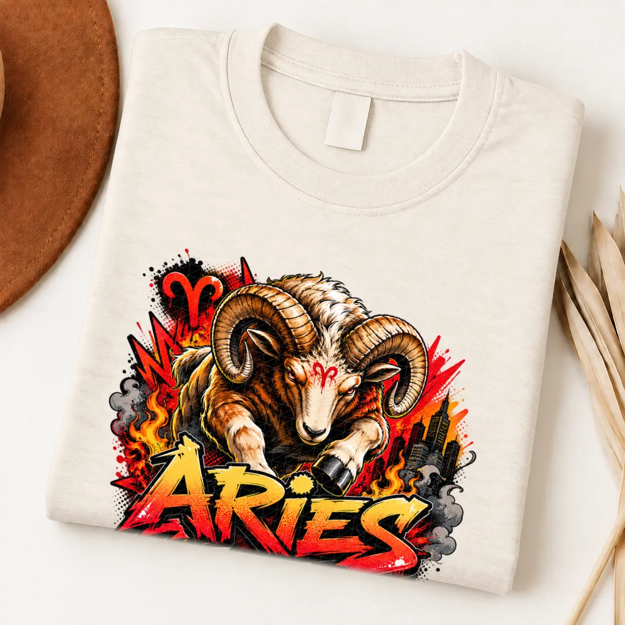 Aries Fearless Fire Zodiac Shirt design with horned ram, red Aries symbols, flames, city details, and red-orange graffiti text