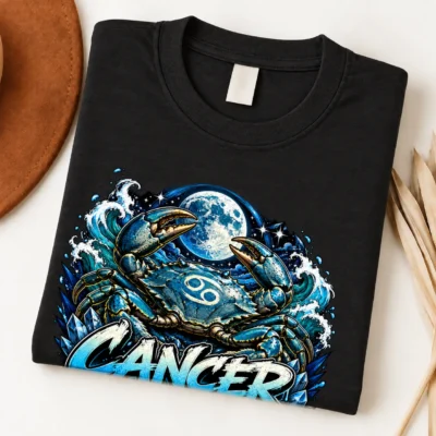 Cancer Protective Soul Zodiac Shirt design with large crab, full moon, crashing blue waves, Cancer glyphs, and blue graffiti text