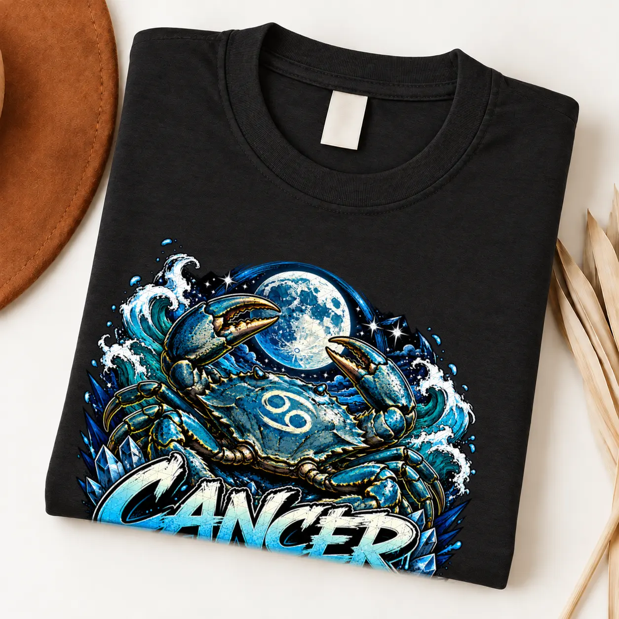 Cancer Protective Soul Zodiac Shirt design with large crab, full moon, crashing blue waves, Cancer glyphs, and blue graffiti text