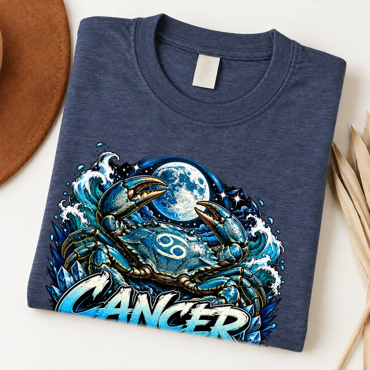 Cancer Protective Soul Zodiac Shirt design with large crab, full moon, crashing blue waves, Cancer glyphs, and blue graffiti text