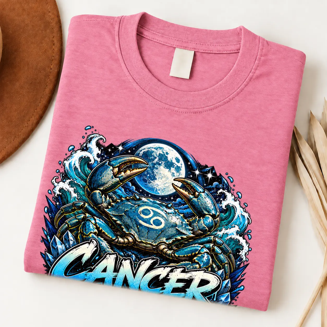 Cancer Protective Soul Zodiac Shirt design with large crab, full moon, crashing blue waves, Cancer glyphs, and blue graffiti text