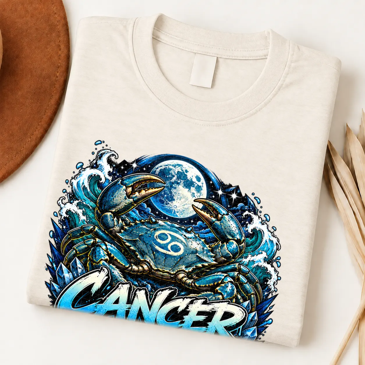 Cancer Protective Soul Zodiac Shirt design with large crab, full moon, crashing blue waves, Cancer glyphs, and blue graffiti text