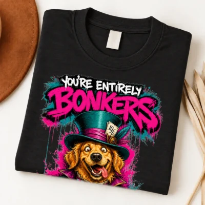 Golden Retriever with golden fur wearing a tall green hat, framed by pink and cyan BONKERS and SECRET graffiti lettering