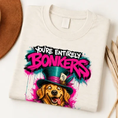 Golden Retriever with golden fur wearing a tall green hat, framed by pink and cyan BONKERS and SECRET graffiti lettering