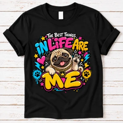 Pug pride shirt artwork with a smiling fawn pug, tongue out, peace-sign paw, crown medallion, neon lettering, hearts, paw prints, and lightning bolts.