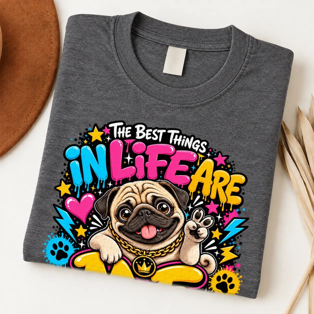 Pug pride shirt artwork with a smiling fawn pug, tongue out, peace-sign paw, crown medallion, neon lettering, hearts, paw prints, and lightning bolts.