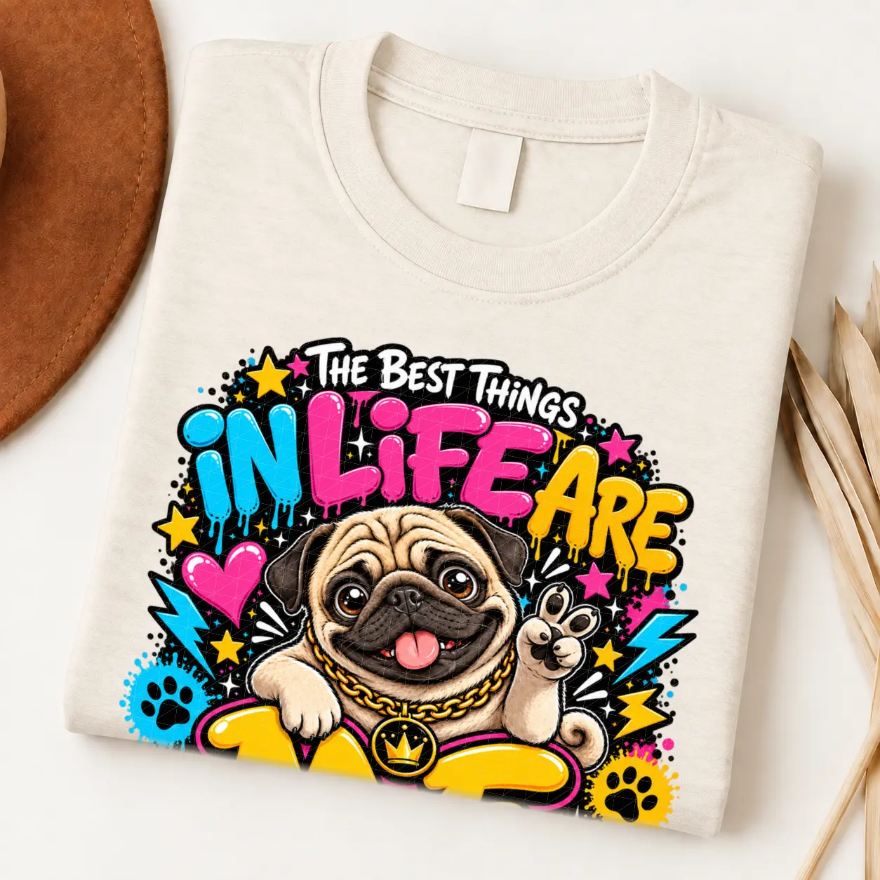 Pug pride shirt artwork with a smiling fawn pug, tongue out, peace-sign paw, crown medallion, neon lettering, hearts, paw prints, and lightning bolts.