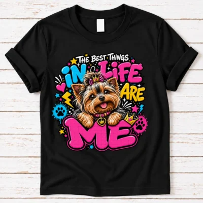 Yorkie pride shirt artwork with a Yorkshire Terrier wearing a pink bow, small crown, pink collar, crown medallion, neon lettering, hearts, and paw prints.